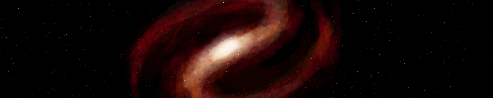 A red barred spiral galaxy. The background is pitch black with white stars speckling the area behind and in front of the galaxy.
